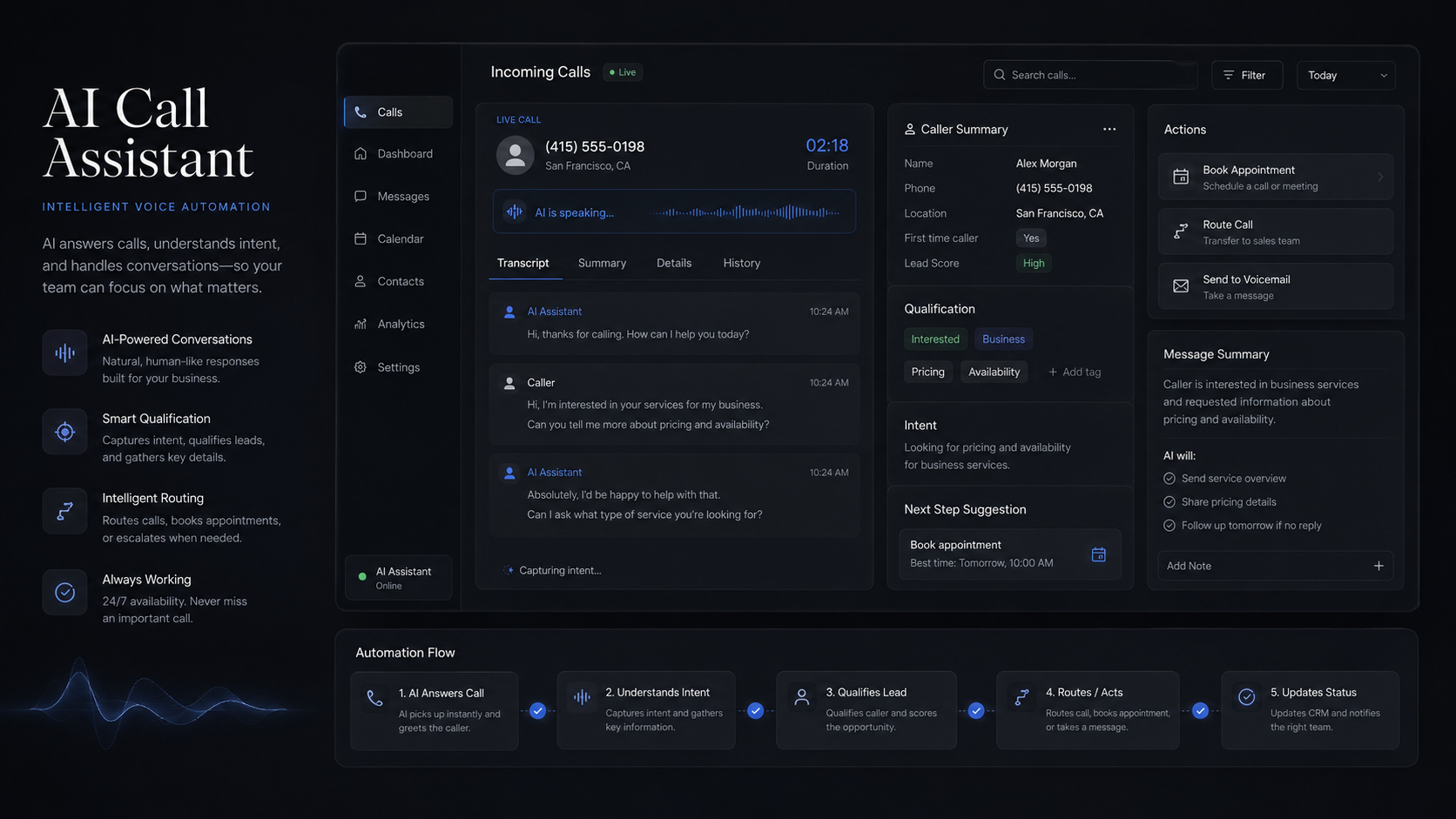 AI Call Assistant voice automation interface preview