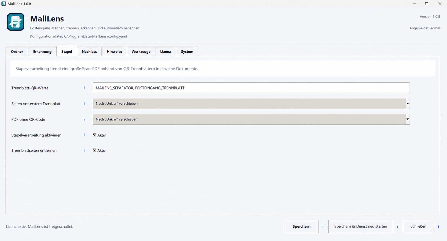 MailLens QR-guided batch processing configuration