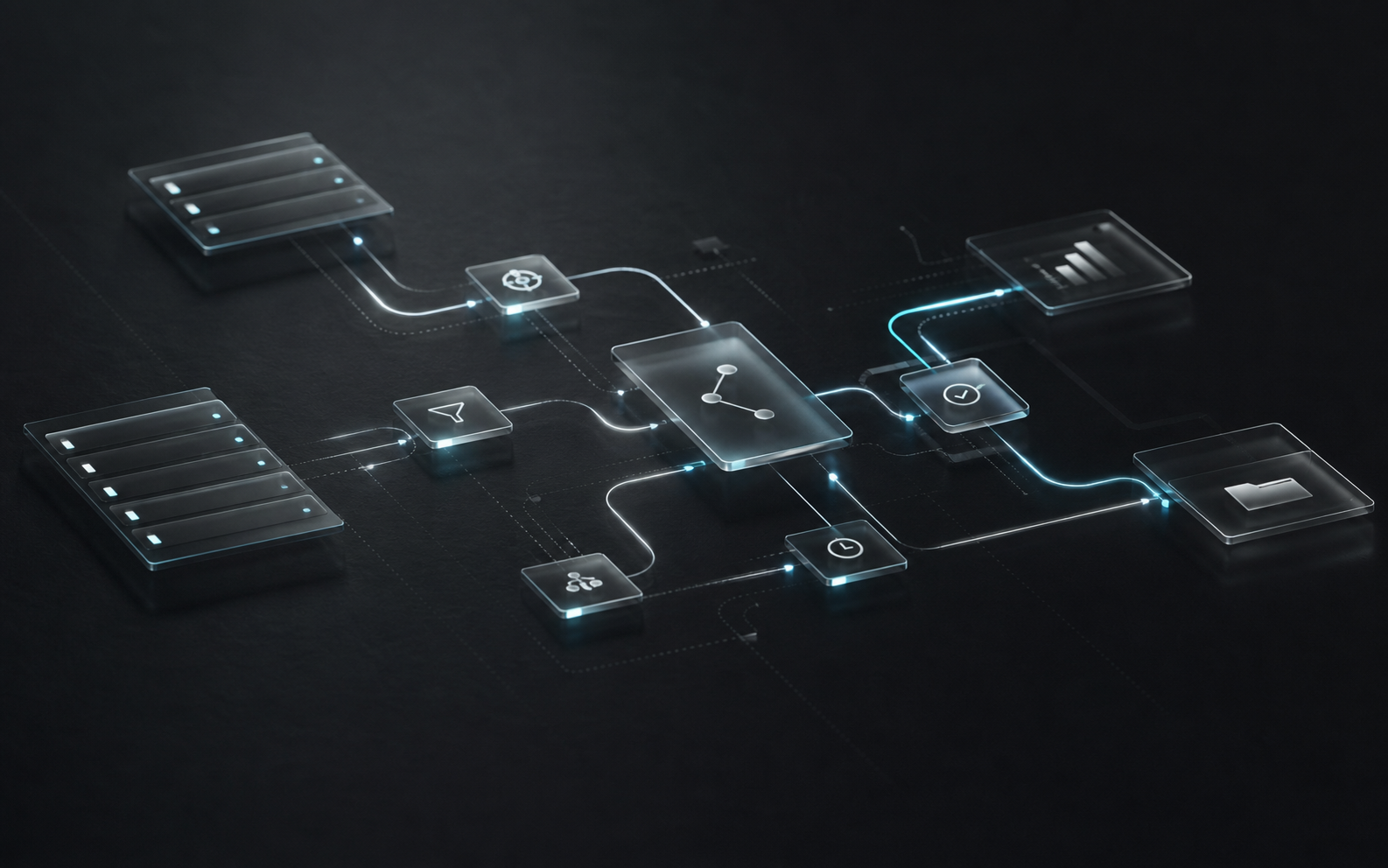 A dark abstract automation workflow made from glowing connected nodes