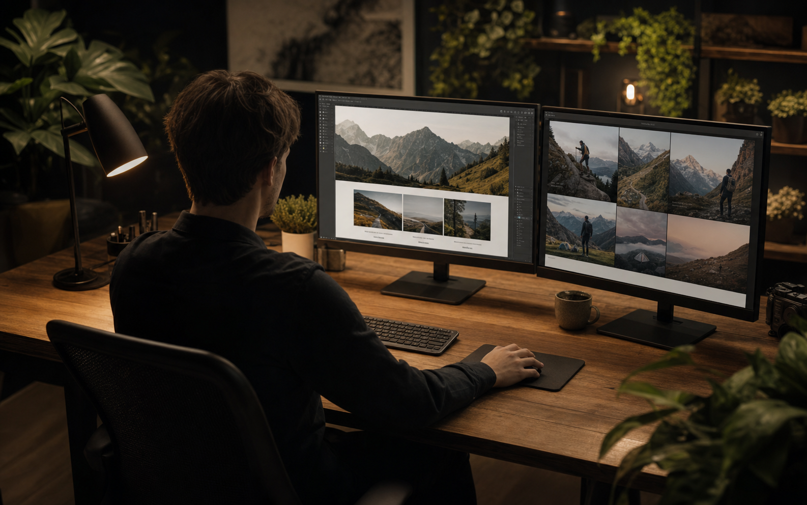 A person seen from behind designing a travel outdoor brand website on two monitors at a warm wooden desk with plants